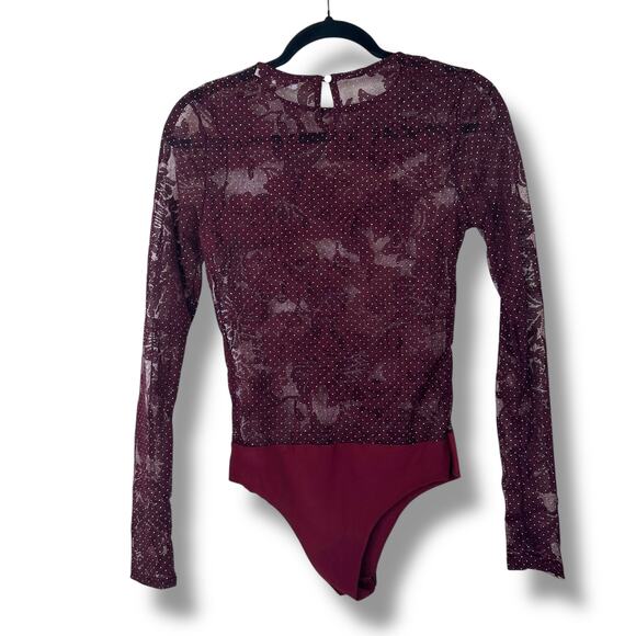 Ces Femme Boutique New Burgundy Red Floral Lace Mesh Rhinestone Bodysuit Small - Picture 7 of 9